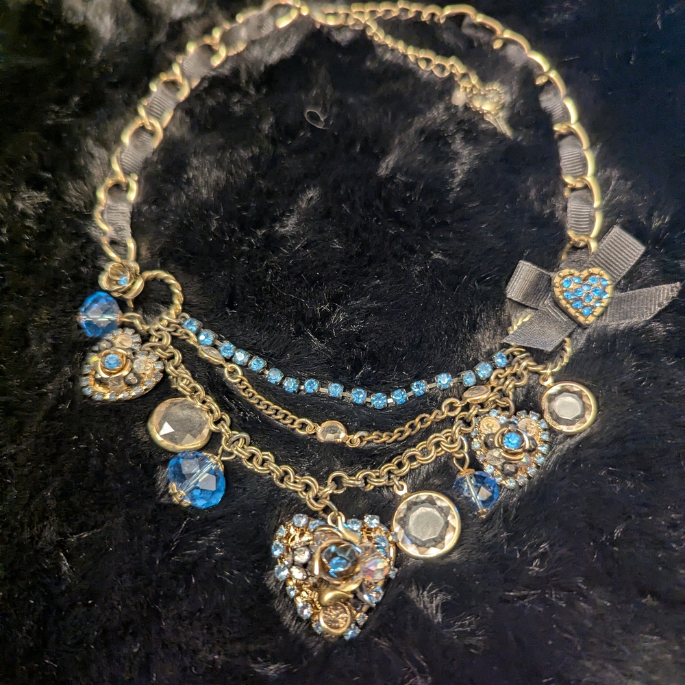 Betsey Johnson Gold and Blue Heart Charm Necklace